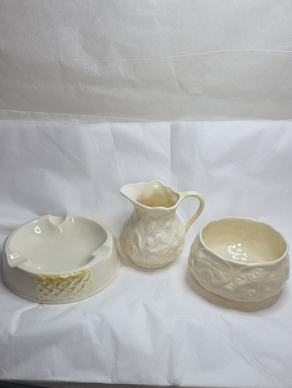 Belleek Vintage 3rd Green Mark Lotus Cream And Suger And Ashtray
